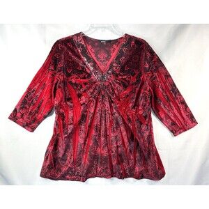 Apt 9 Women's Blouse Red Black Paisley Velvet Top Size 3X V-Neck Babydoll Sequin